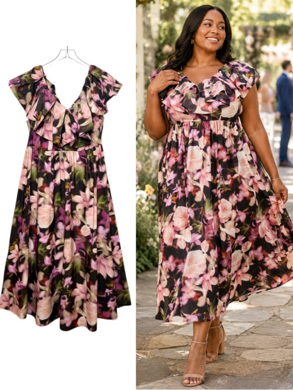 ELOQUII Ruffle Neckline Pink Moody Floral Women’s Midi Dress Sz 16